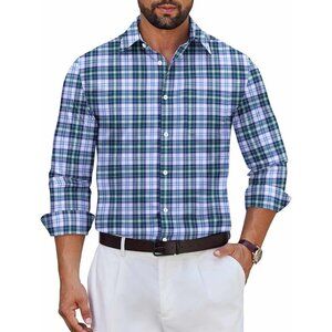 Men’s Long Sleeve Plaid Dress Shirt, Cotton Button-Down Wrinkle-Free Blue Green